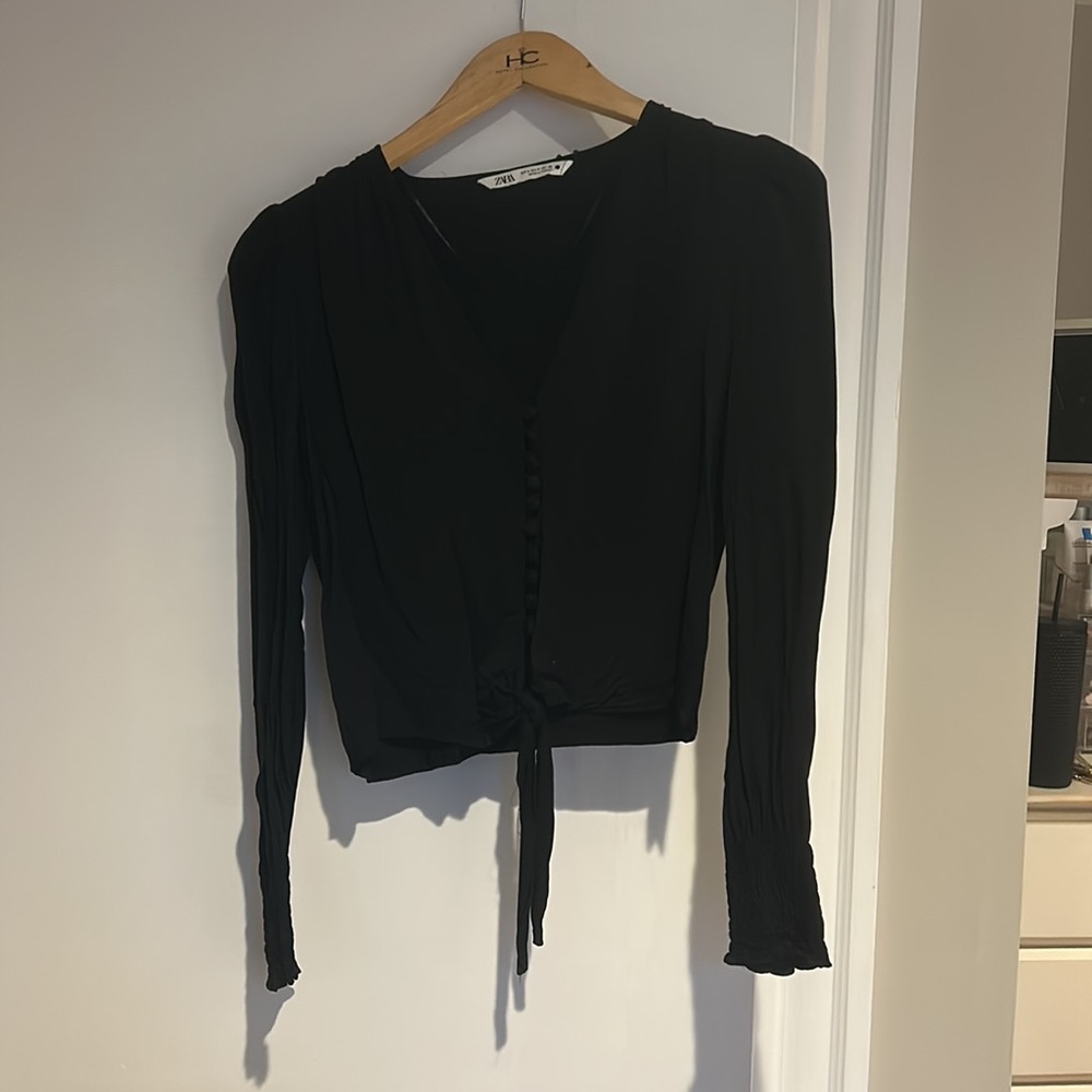 Zara black button up with tie detail